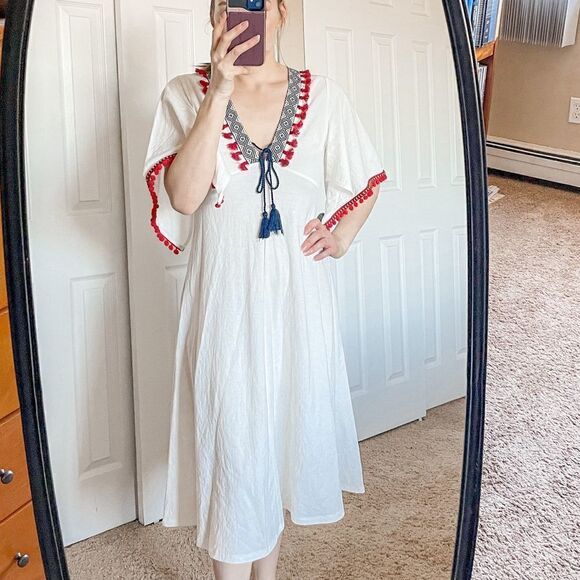Zara Boho Pom Pom Tassel Midi Dress White S - Picture 4 of 15